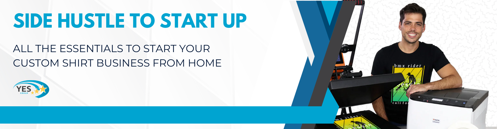 Side hustle to start up: All the essentials to start your customer shirt business from home - beside a person with a printer and hear pres