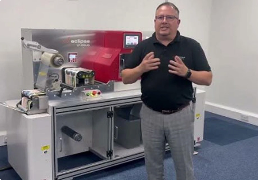 LF220 LAS printer side view showing labels