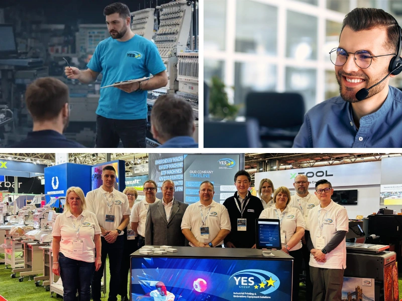 Embroidery machines with production team at work