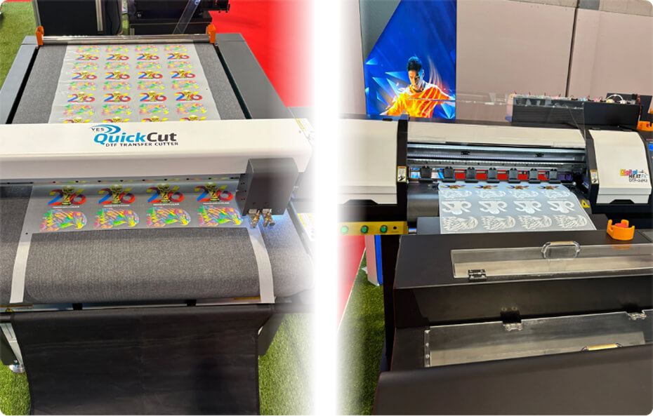 DTF printing equipment producing colourful World Cup-inspired transfer designs