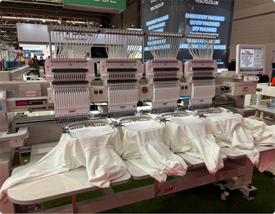 Multi-head SWF embroidery machine producing personalised hoodies for football-inspired merch